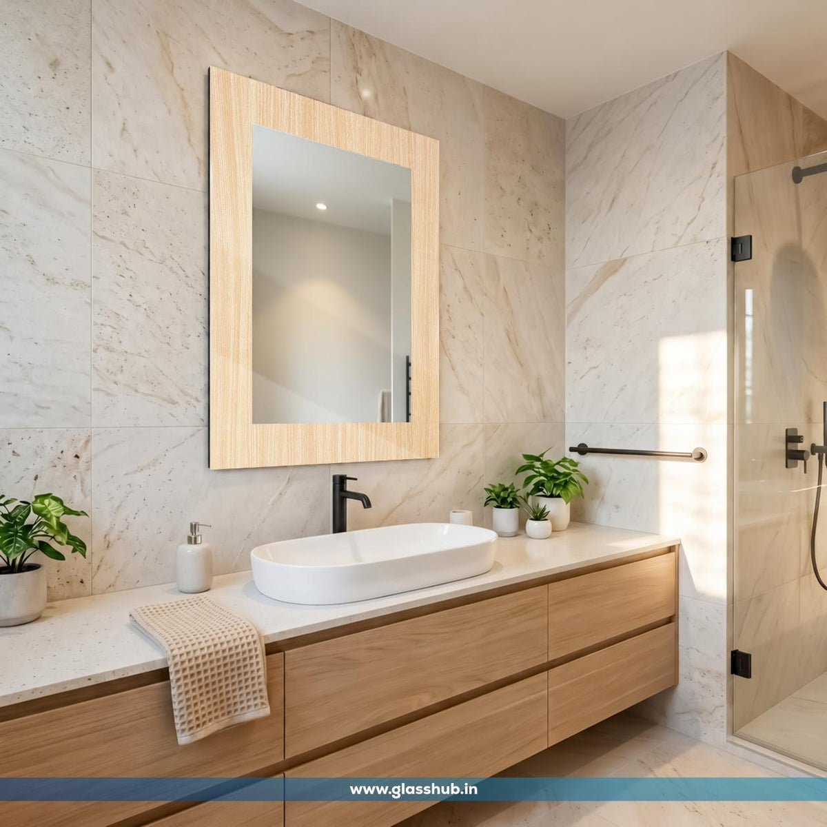 Light Oak Wooden Frame Bathroom Vanity Mirror – Modern Rectangular Wall Mirror