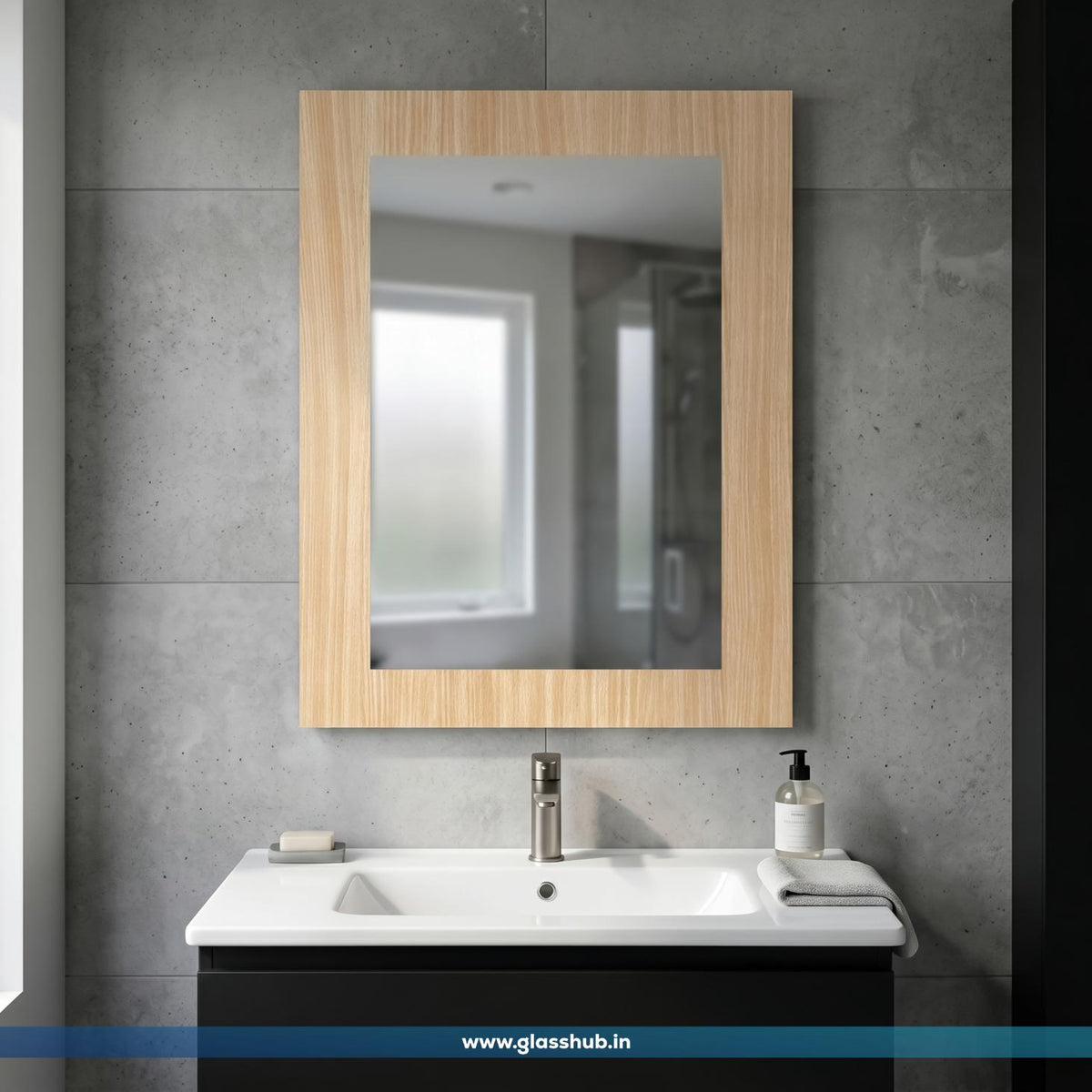 Light Oak Wooden Frame Bathroom Vanity Mirror – Modern Rectangular Wall Mirror