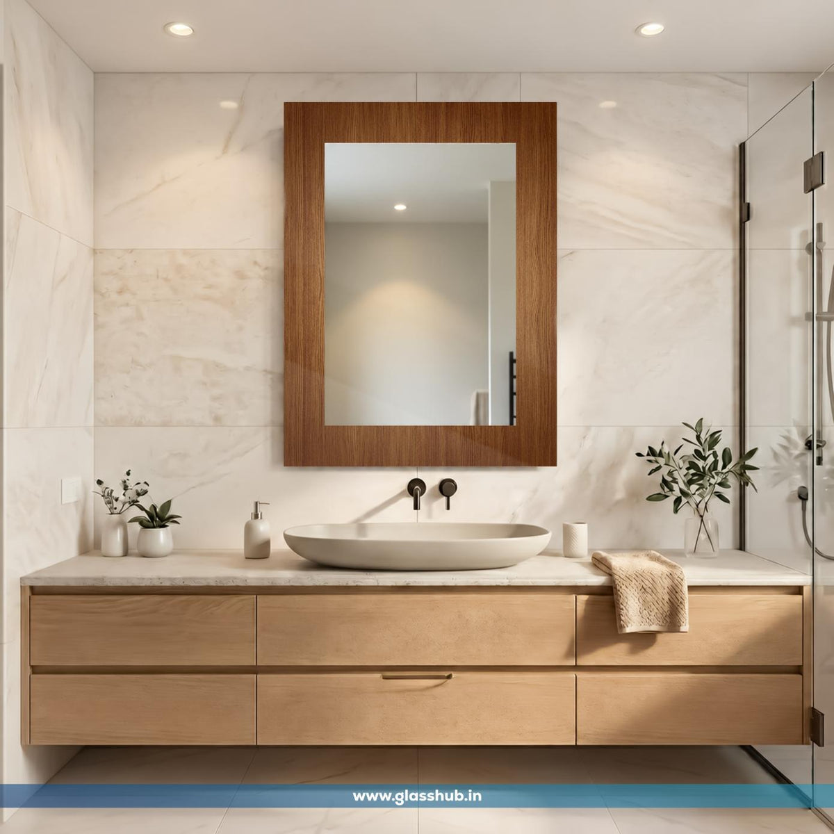 Modern Brown Wood Finish Rectangular Bathroom Vanity Wall Mirror