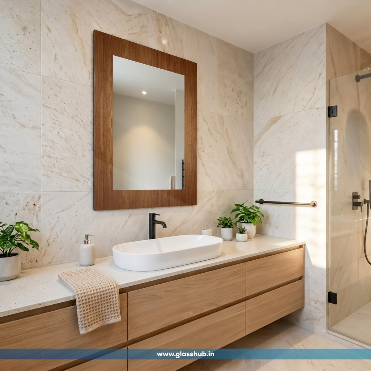Modern Brown Wood Finish Rectangular Bathroom Vanity Wall Mirror