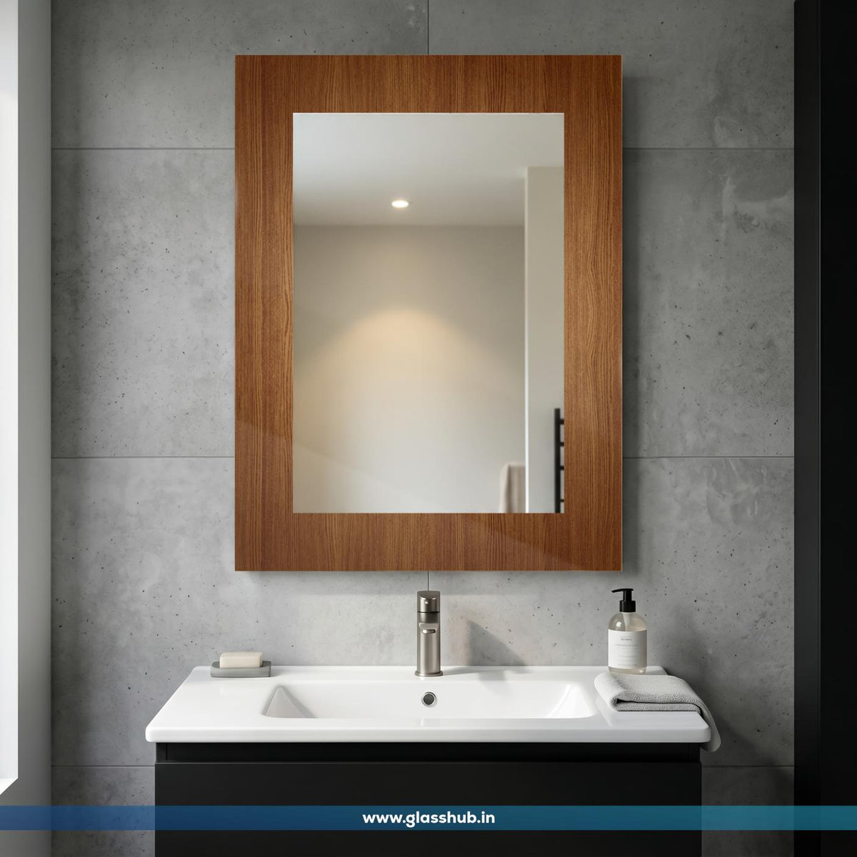 Modern Brown Wood Finish Rectangular Bathroom Vanity Wall Mirror