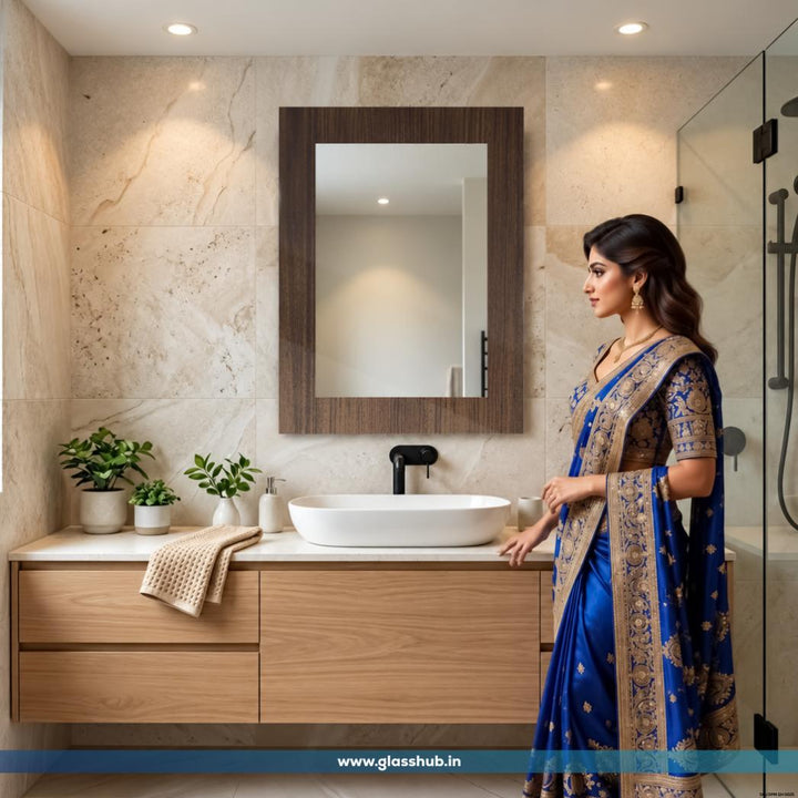 Dark Brown Wood Finish Rectangular Bathroom Vanity Wall Mirror