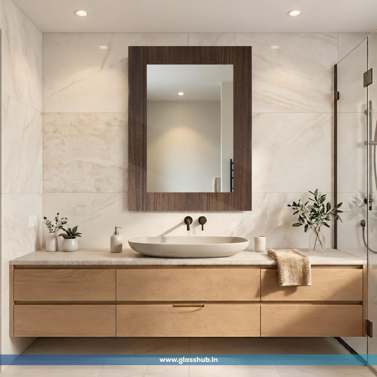Dark Brown Wood Finish Rectangular Bathroom Vanity Wall Mirror