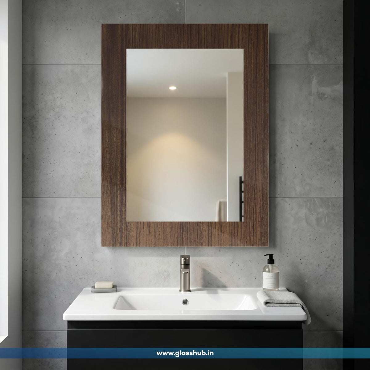 Dark Brown Wood Finish Rectangular Bathroom Vanity Wall Mirror