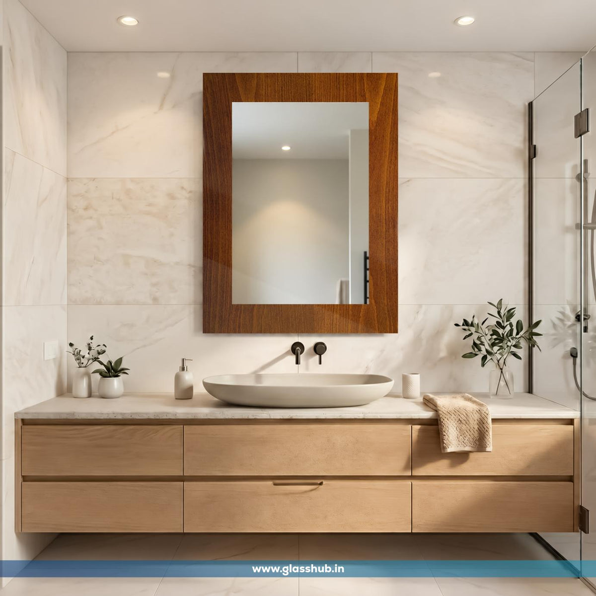 Walnut Brown Wood Finish Rectangular Bathroom Vanity Wall Mirror