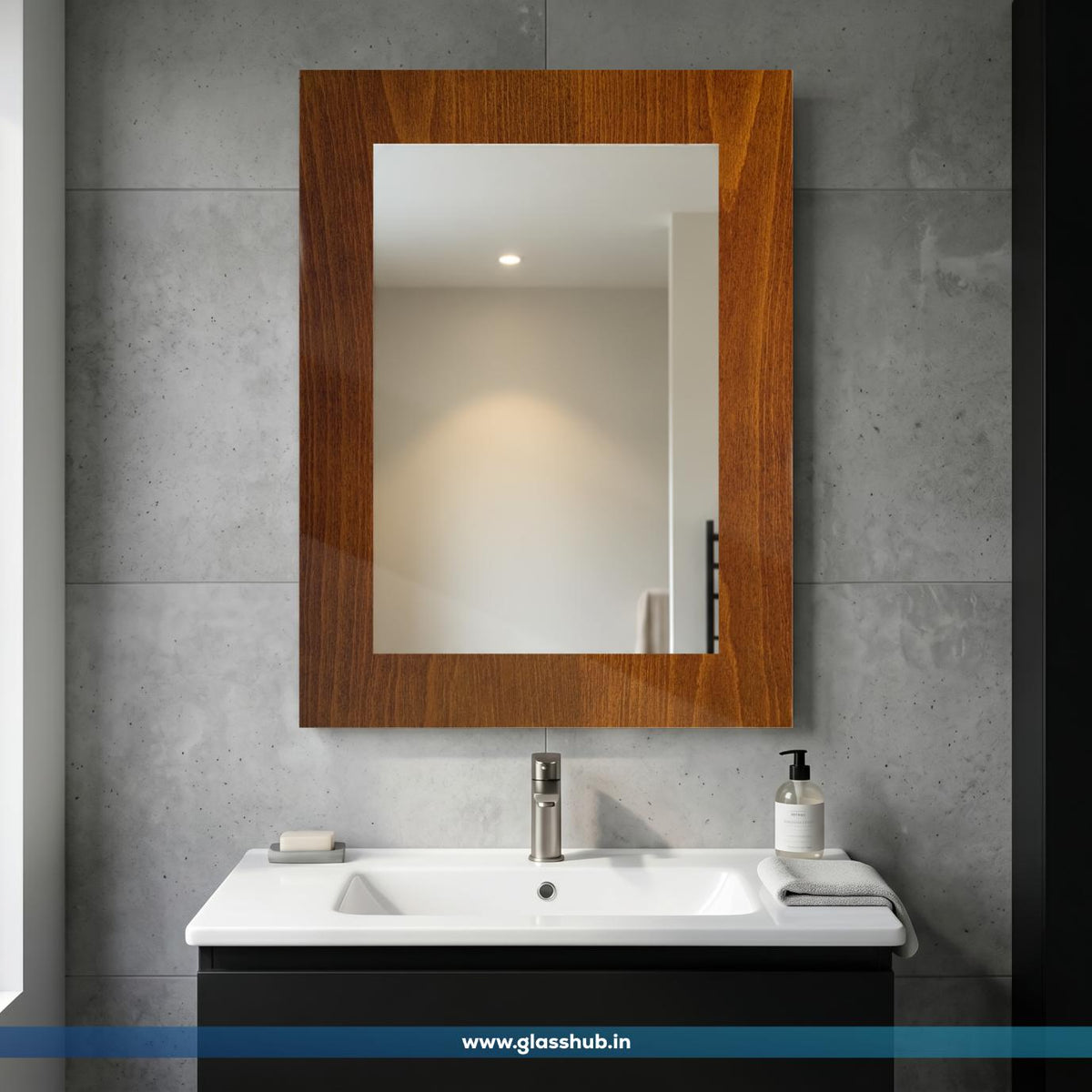 Walnut Brown Wood Finish Rectangular Bathroom Vanity Wall Mirror