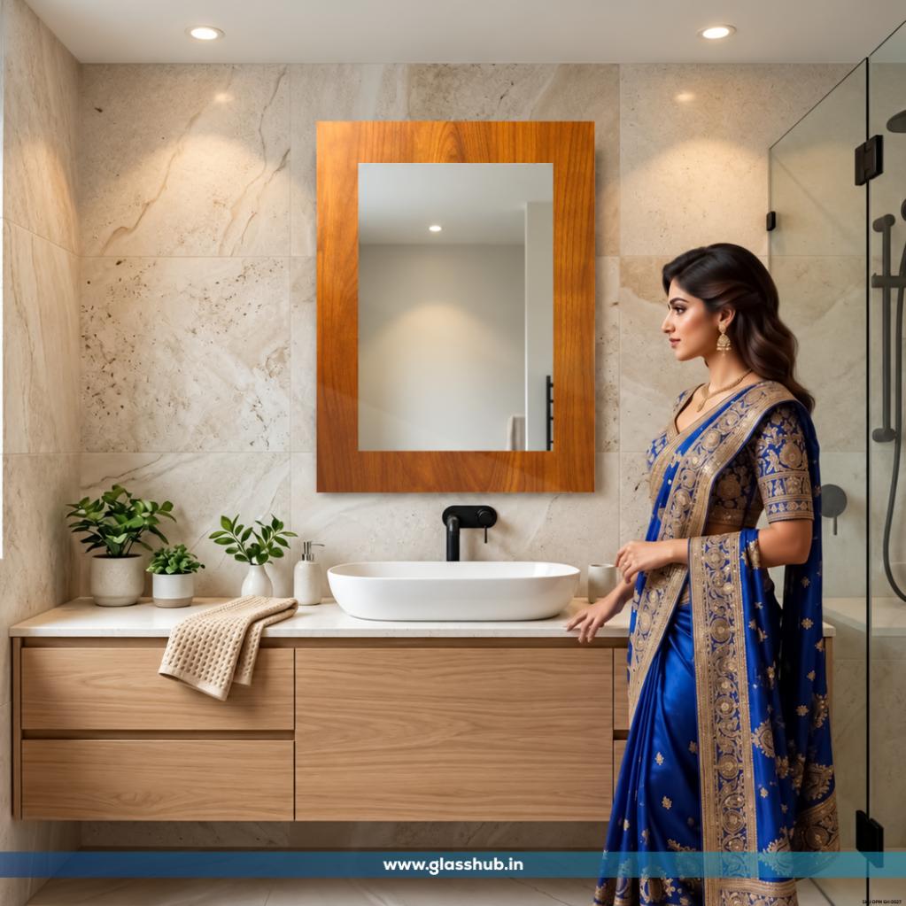 Modern Rectangular Wooden Frame Bathroom Vanity Wall Mirror – Natural Walnut Brown Finish