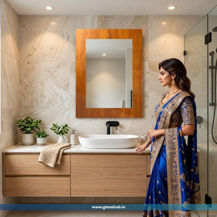 Modern Rectangular Wooden Frame Bathroom Vanity Wall Mirror, Natural Walnut Brown Finish