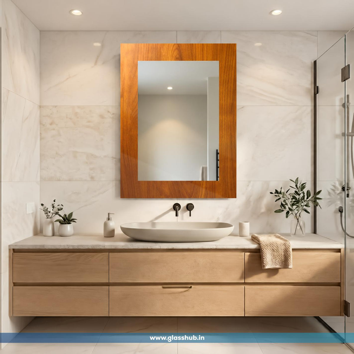 Modern Rectangular Wooden Frame Bathroom Vanity Wall Mirror – Natural Walnut Brown Finish