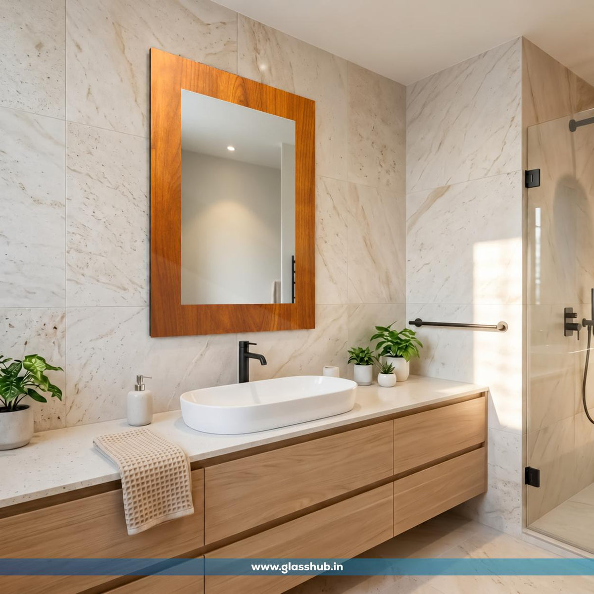 Modern Rectangular Wooden Frame Bathroom Vanity Wall Mirror – Natural Walnut Brown Finish