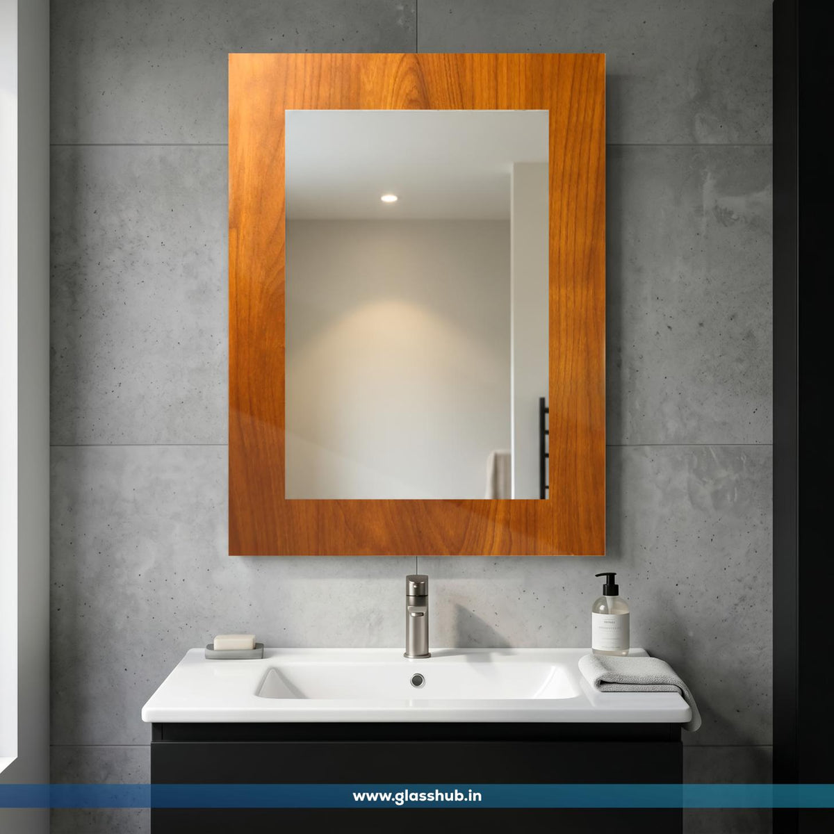 Modern Rectangular Wooden Frame Bathroom Vanity Wall Mirror – Natural Walnut Brown Finish
