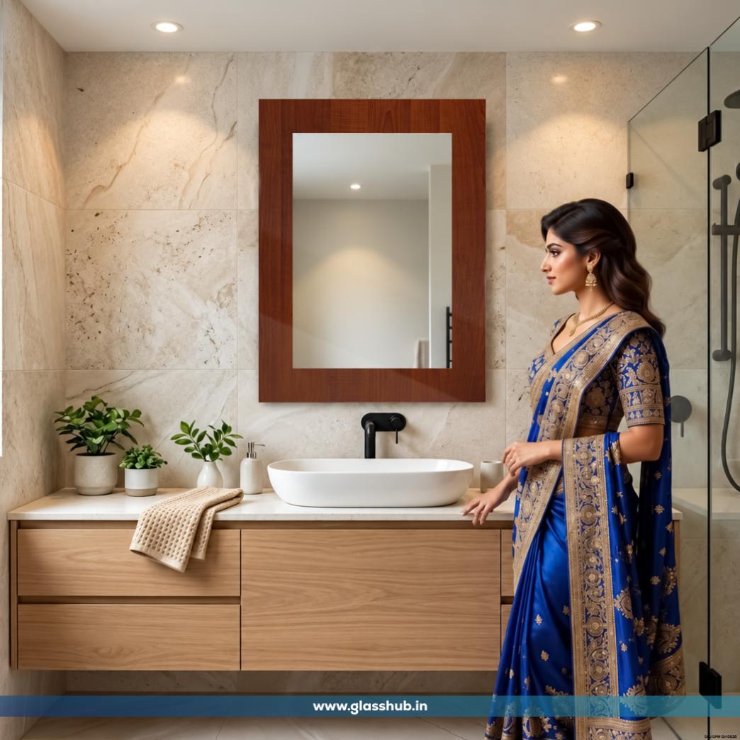 Modern Rectangular Wooden Frame Bathroom Vanity Wall Mirror – Reddish Walnut Brown Finish