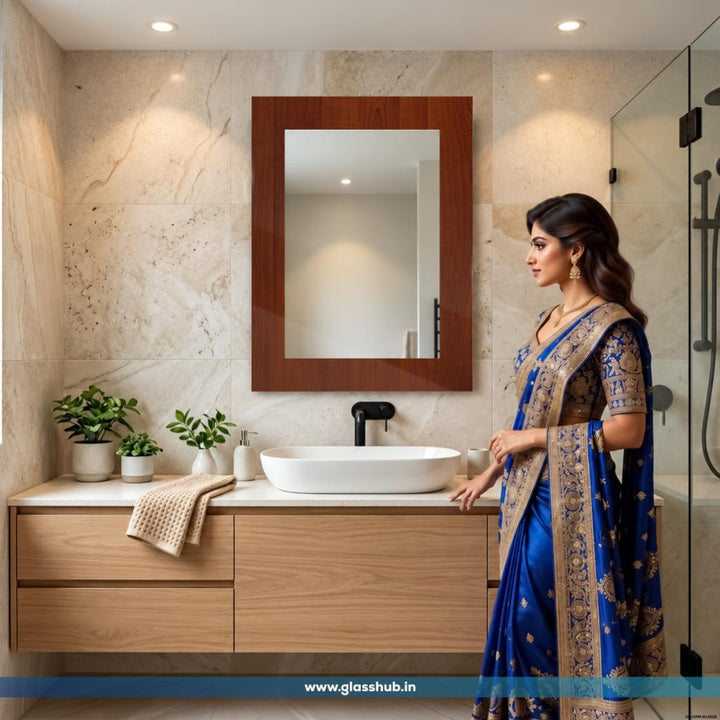 Modern Rectangular Wooden Frame Bathroom Vanity Wall Mirror, Reddish Walnut Brown Finish