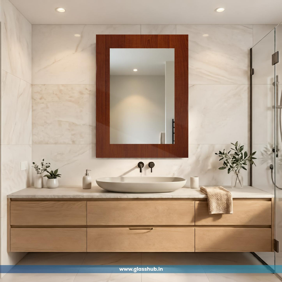 Modern Rectangular Wooden Frame Bathroom Vanity Wall Mirror – Reddish Walnut Brown Finish