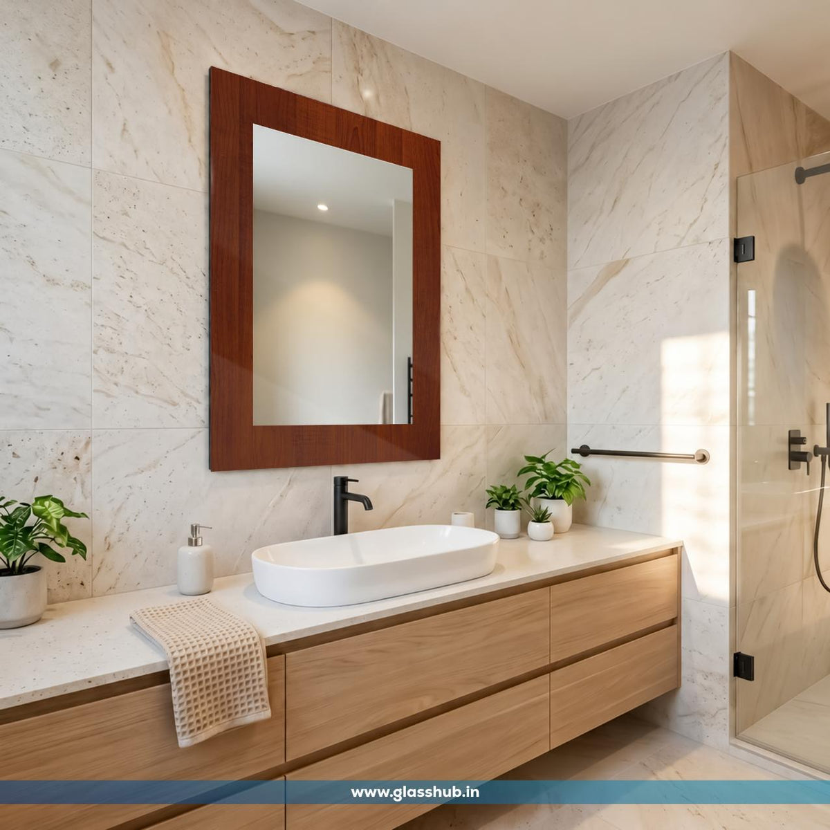 Modern Rectangular Wooden Frame Bathroom Vanity Wall Mirror – Reddish Walnut Brown Finish