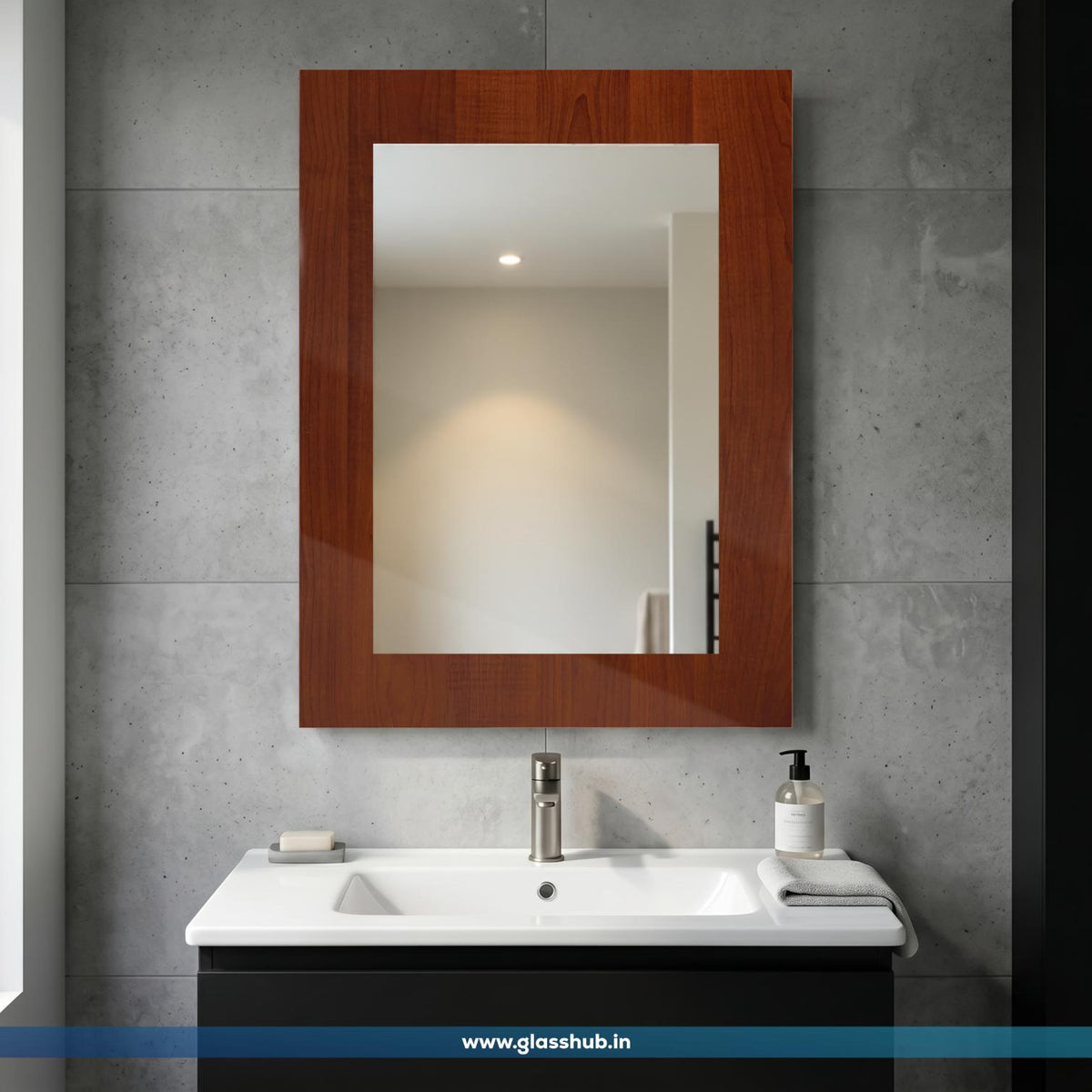 Modern Rectangular Wooden Frame Bathroom Vanity Wall Mirror – Reddish Walnut Brown Finish