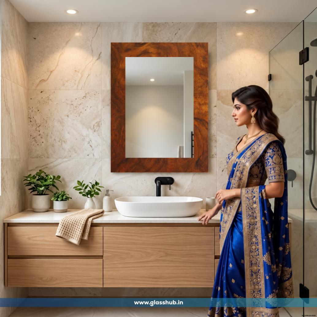 Modern Rectangular Wooden Frame Bathroom Vanity Wall Mirror – Rustic Walnut Brown Finish