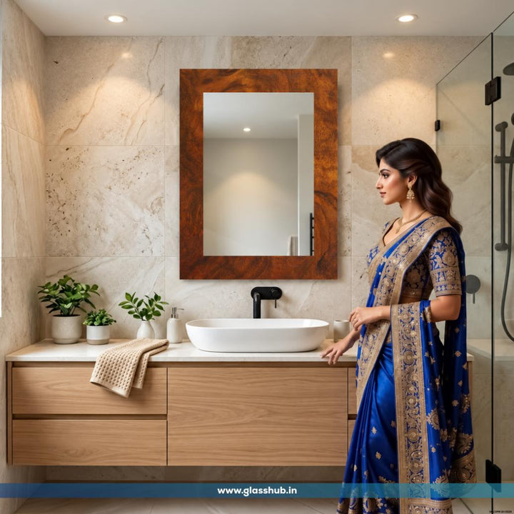 Modern Rectangular Wooden Frame Bathroom Vanity Wall Mirror, Rustic Walnut Brown Finish