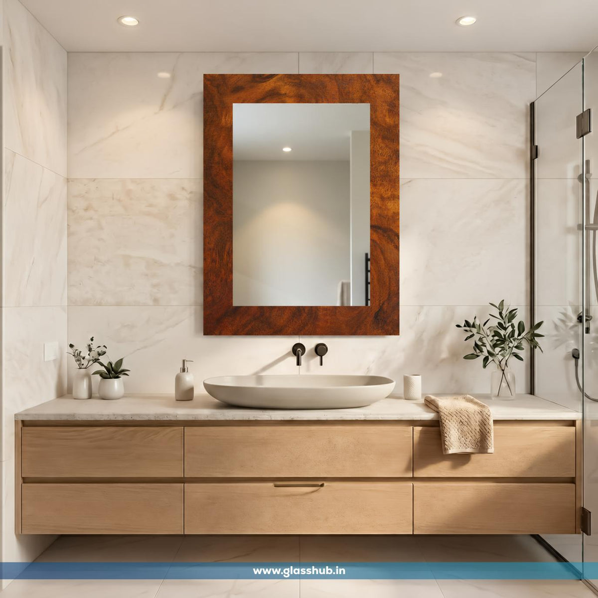 Modern Rectangular Wooden Frame Bathroom Vanity Wall Mirror – Rustic Walnut Brown Finish
