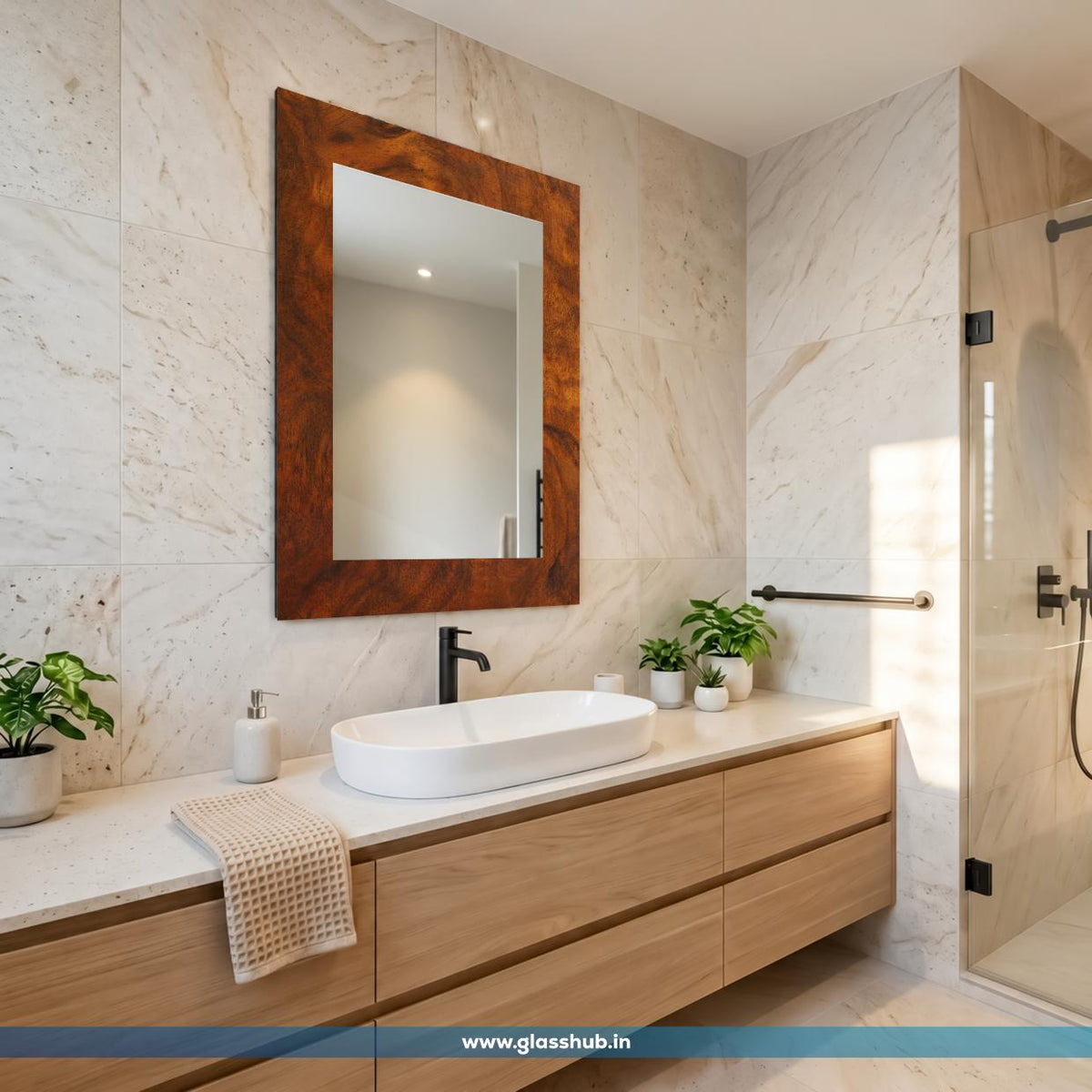 Modern Rectangular Wooden Frame Bathroom Vanity Wall Mirror – Rustic Walnut Brown Finish