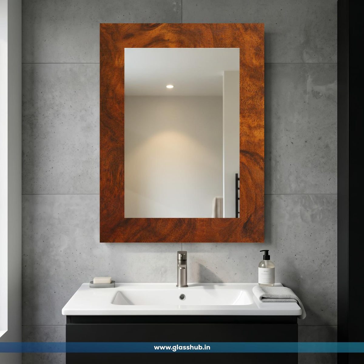 Modern Rectangular Wooden Frame Bathroom Vanity Wall Mirror – Rustic Walnut Brown Finish