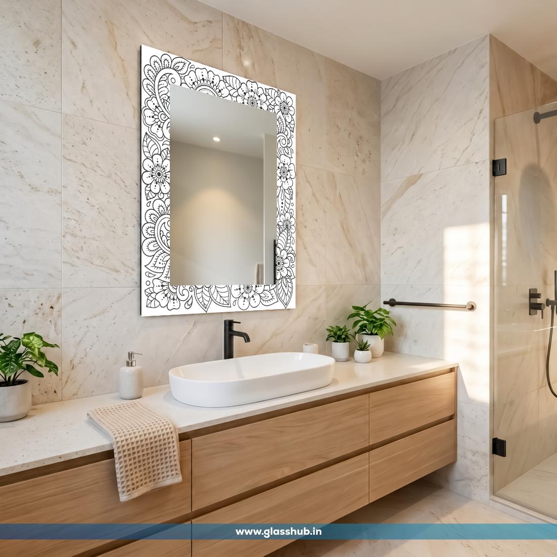 Modern Black and White Floral Printed Bathroom Vanity Wall Mirror