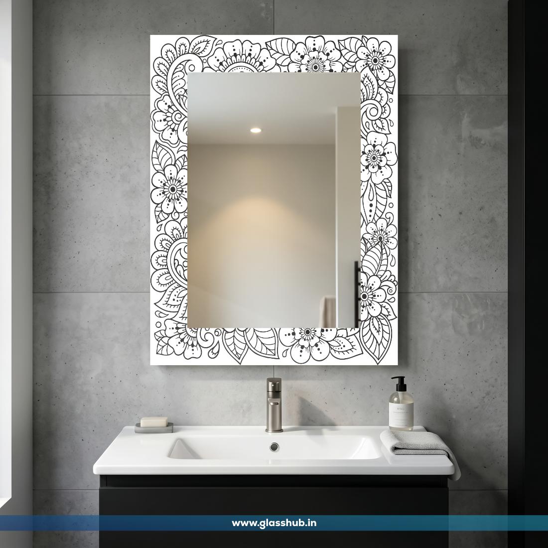 Modern Black and White Floral Printed Bathroom Vanity Wall Mirror