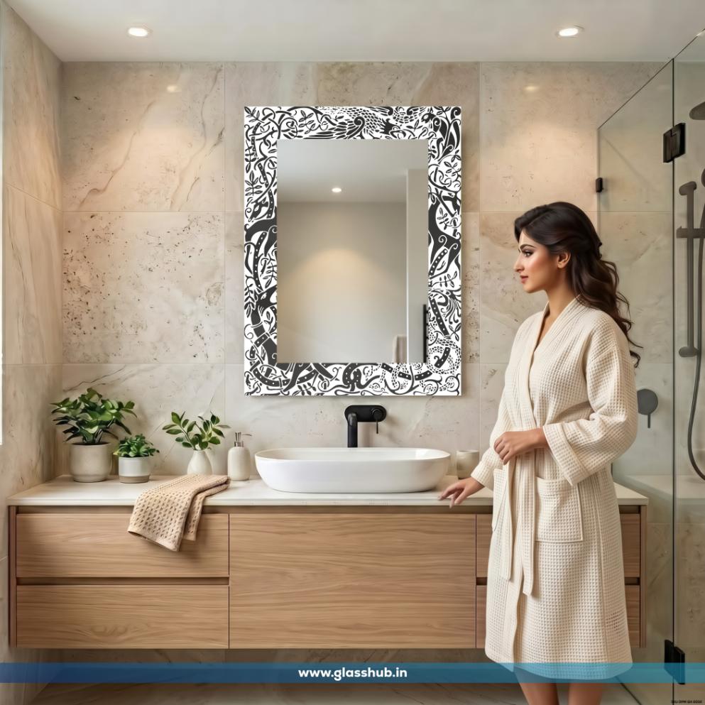 Modern Black and White Abstract Botanical Printed Bathroom Vanity Wall Mirror