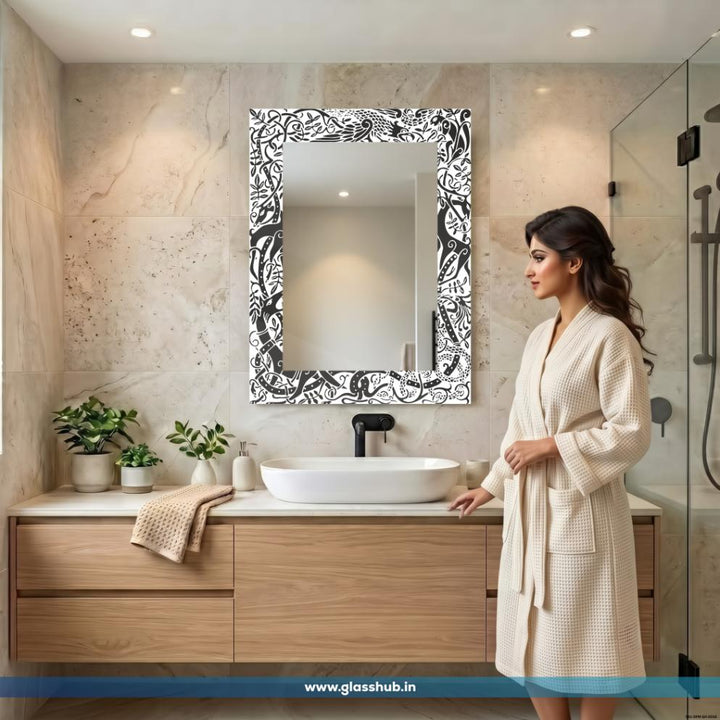 Modern Black and White Abstract Botanical Printed Bathroom Vanity Wall Mirror