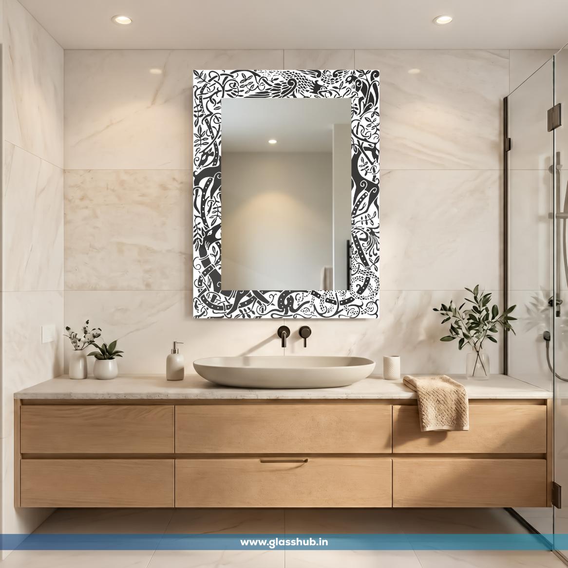 Modern Black and White Abstract Botanical Printed Bathroom Vanity Wall Mirror