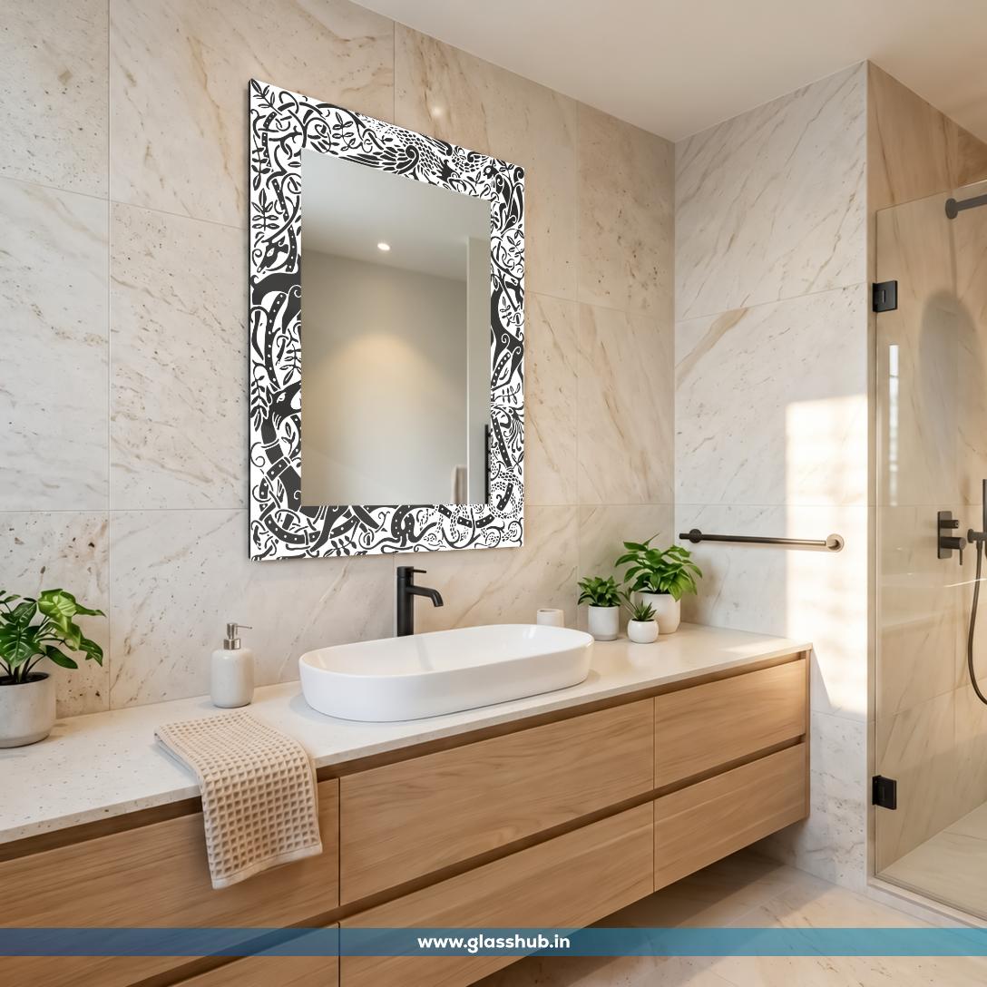 Modern Black and White Abstract Botanical Printed Bathroom Vanity Wall Mirror