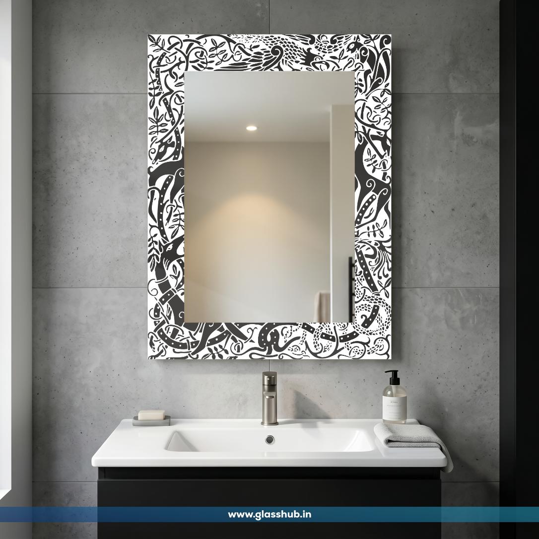 Modern Black and White Abstract Botanical Printed Bathroom Vanity Wall Mirror