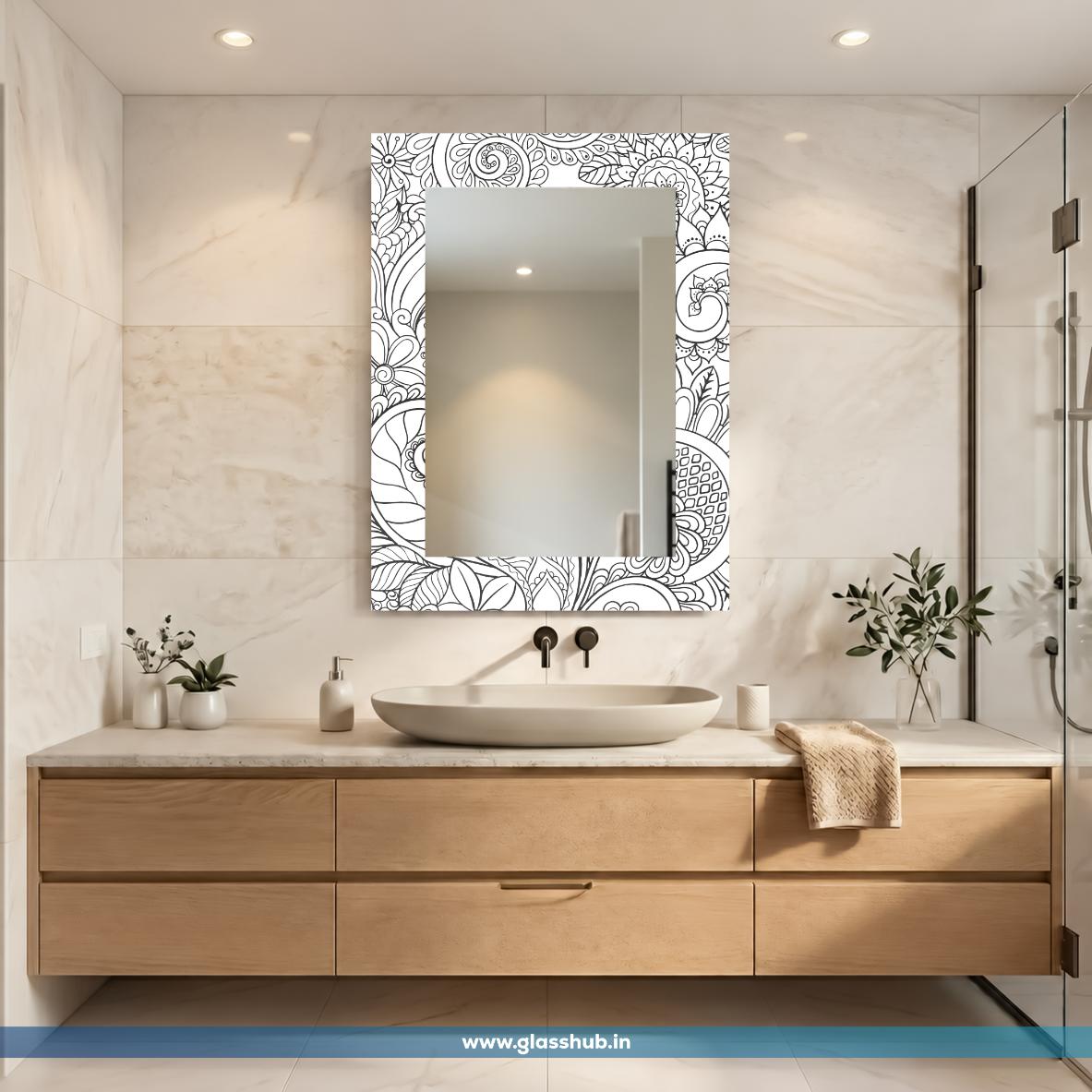 Modern Black and White Mandala Floral Printed Bathroom Vanity Wall Mirror
