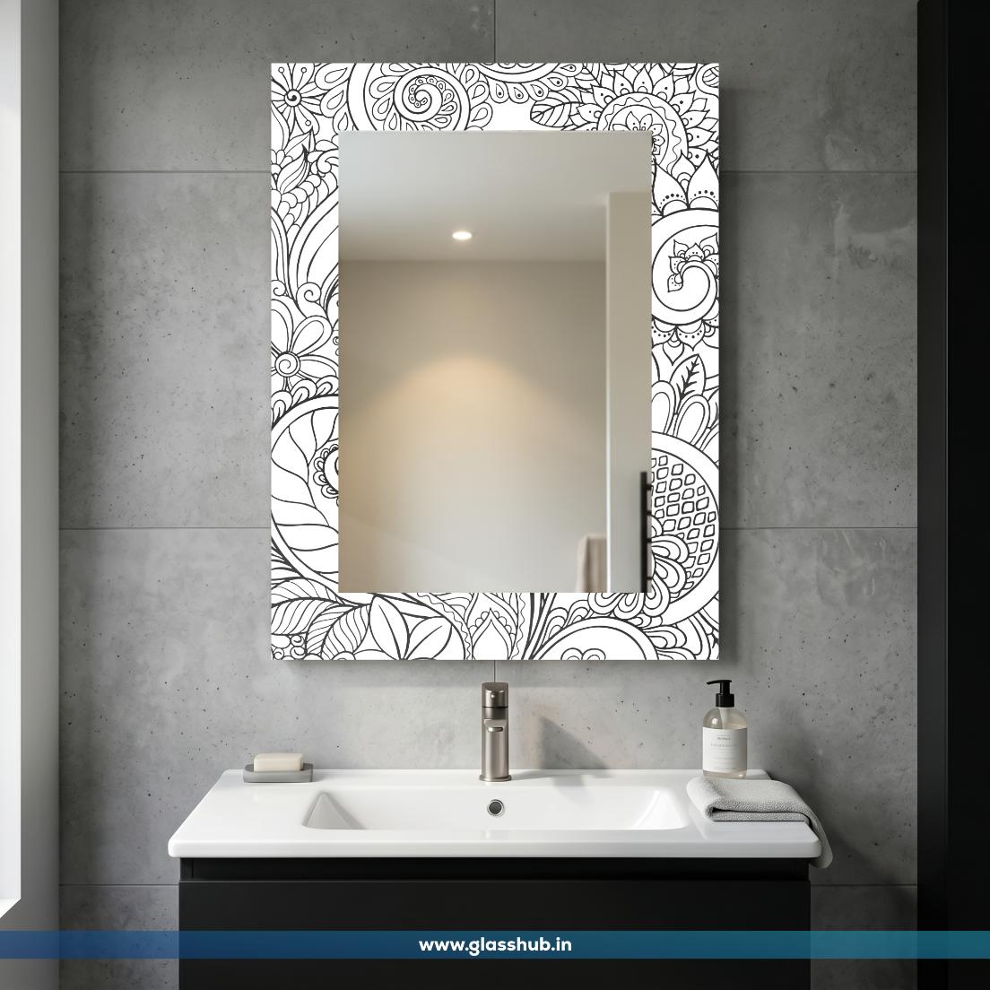 Modern Black and White Mandala Floral Printed Bathroom Vanity Wall Mirror