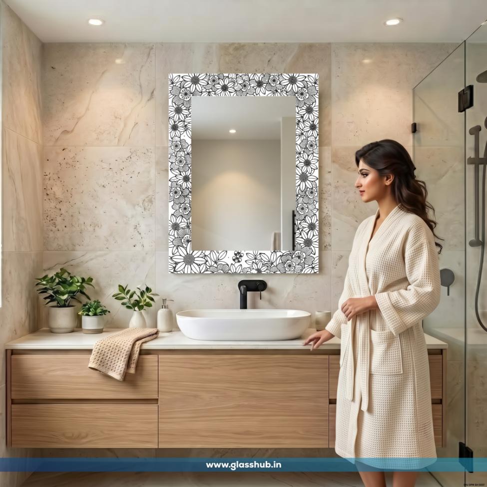 Modern Black and White Floral Printed Bathroom Vanity Wall Mirror