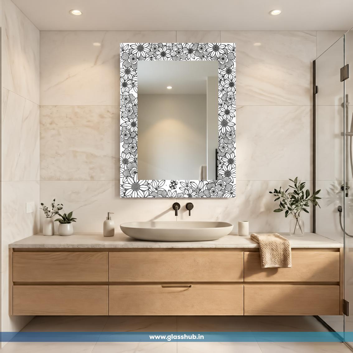 Modern Black and White Floral Printed Bathroom Vanity Wall Mirror