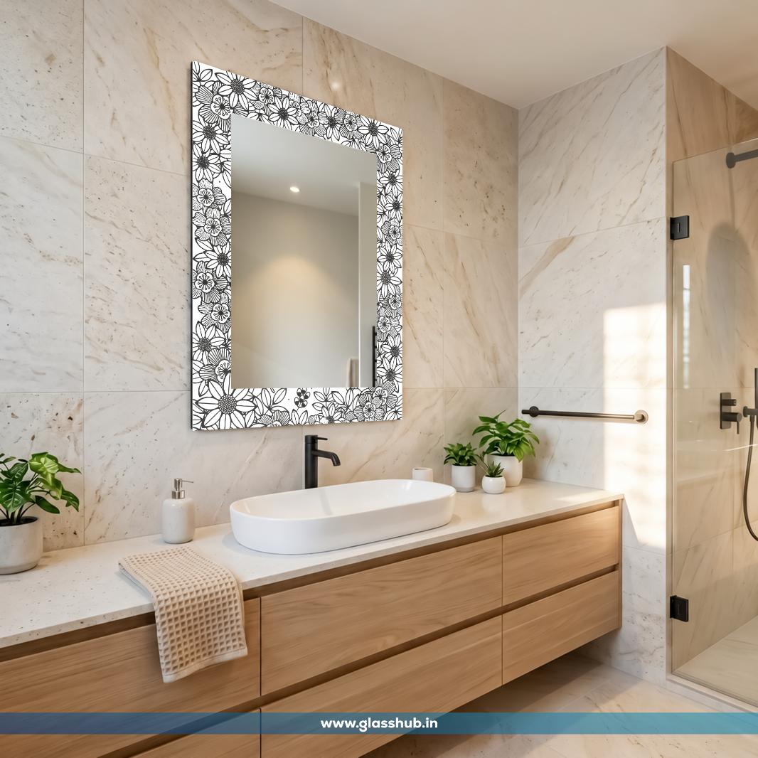 Modern Black and White Floral Printed Bathroom Vanity Wall Mirror