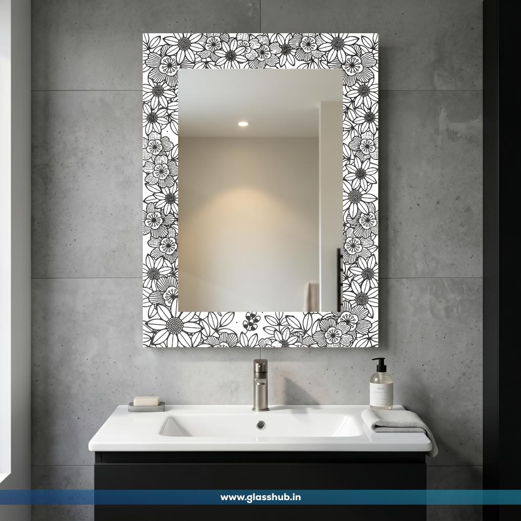 Modern Black and White Floral Printed Bathroom Vanity Wall Mirror