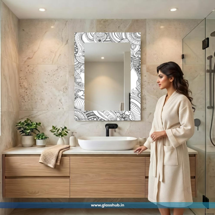 Modern Black and White Paisley Printed Bathroom Vanity Wall Mirror