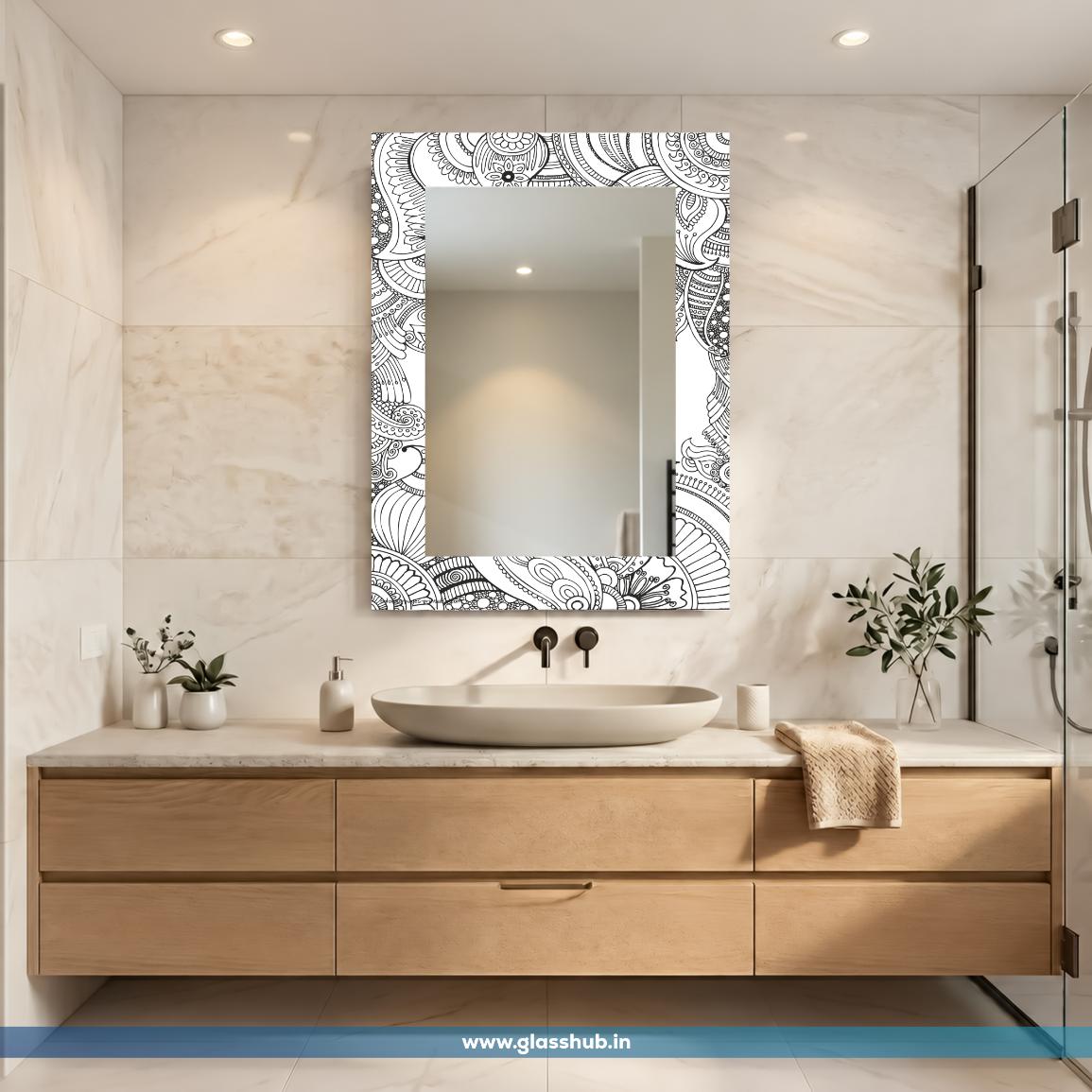 Modern Black and White Paisley Printed Bathroom Vanity Wall Mirror