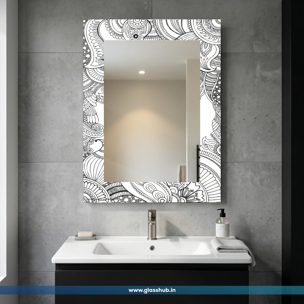 Modern Black and White Paisley Printed Bathroom Vanity Wall Mirror