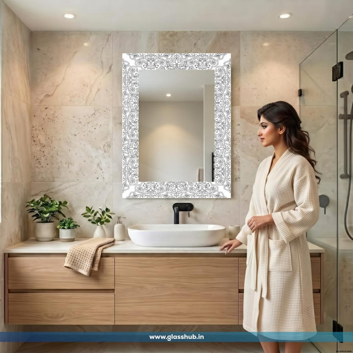 Modern Black and White Ornamental Floral Printed Bathroom Vanity Wall Mirror