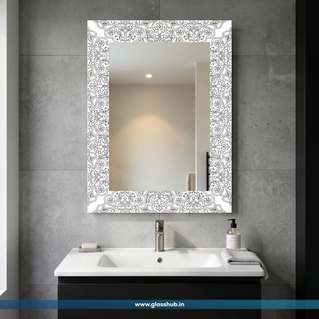 Modern Black and White Ornamental Floral Printed Bathroom Vanity Wall Mirror
