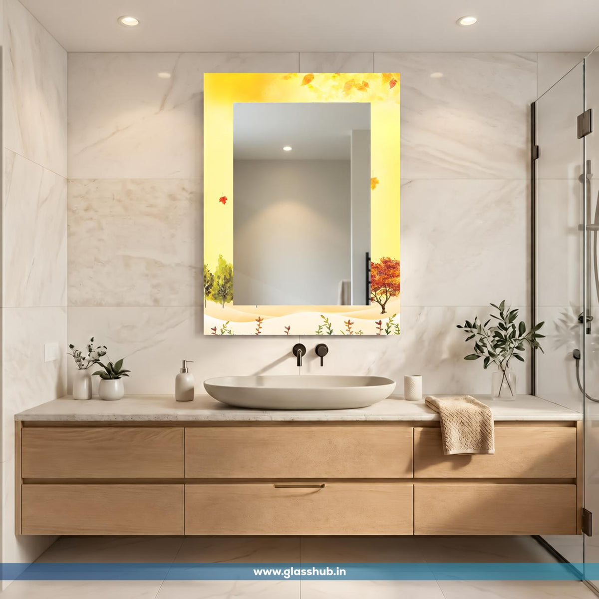 Modern Yellow Autumn Landscape Decorative Bathroom Vanity Wall Mirror