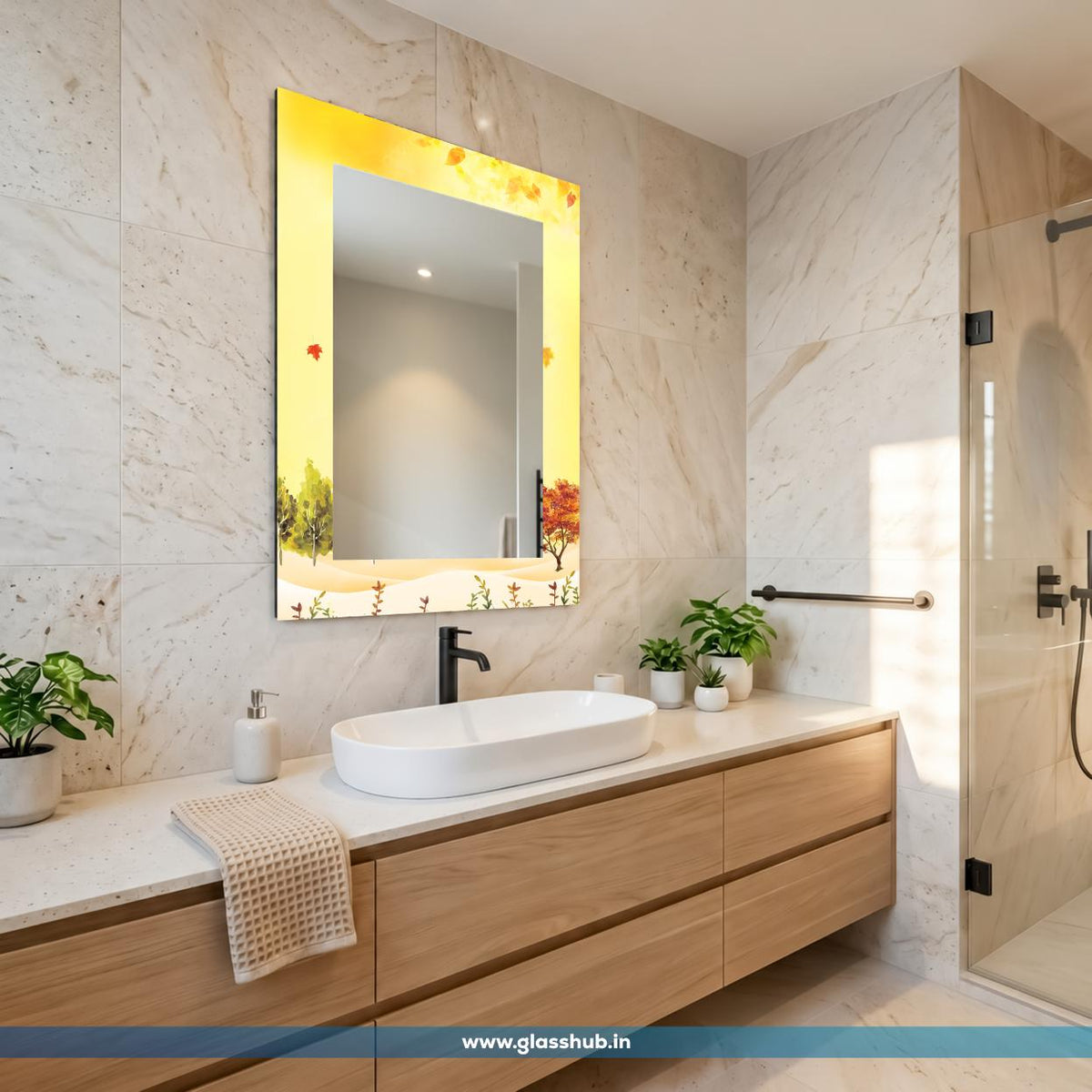 Modern Yellow Autumn Landscape Decorative Bathroom Vanity Wall Mirror