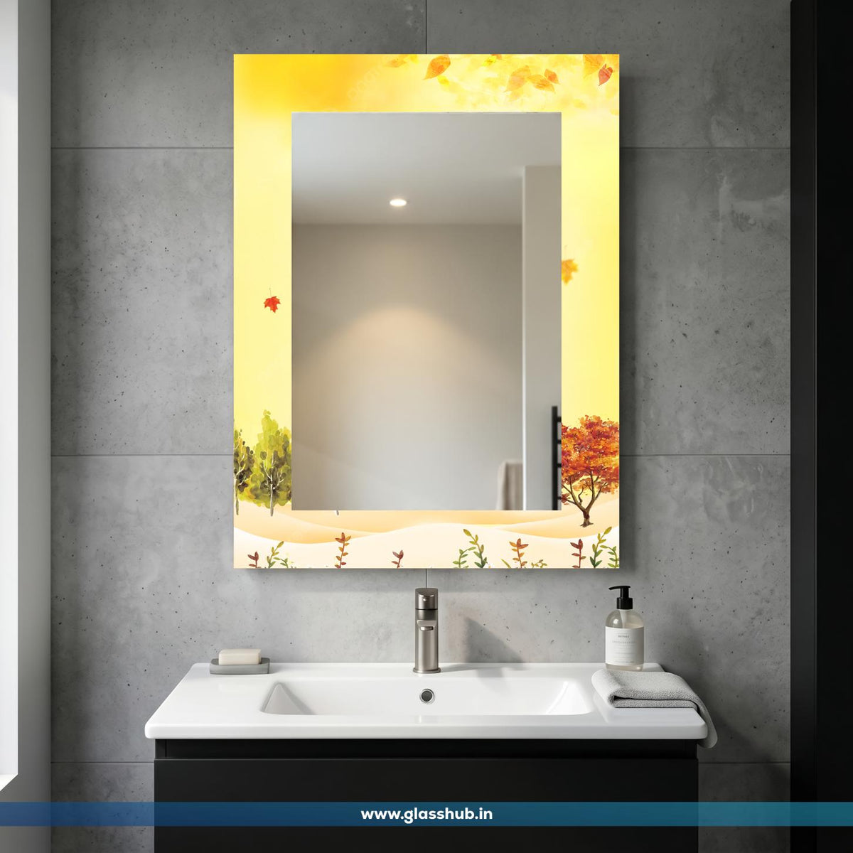 Modern Yellow Autumn Landscape Decorative Bathroom Vanity Wall Mirror