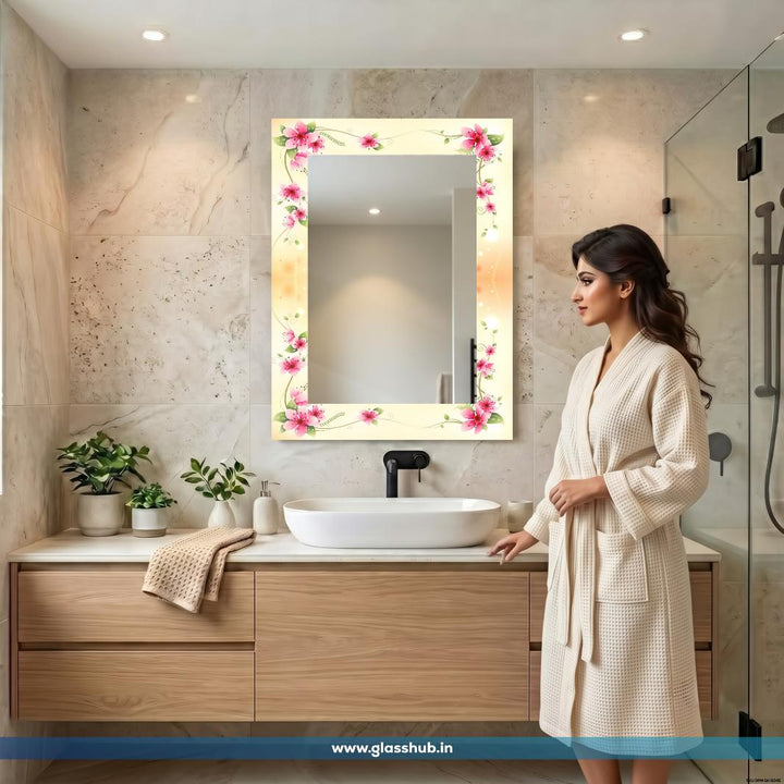 Modern Pink Floral Decorative Bathroom Vanity Wall Mirror