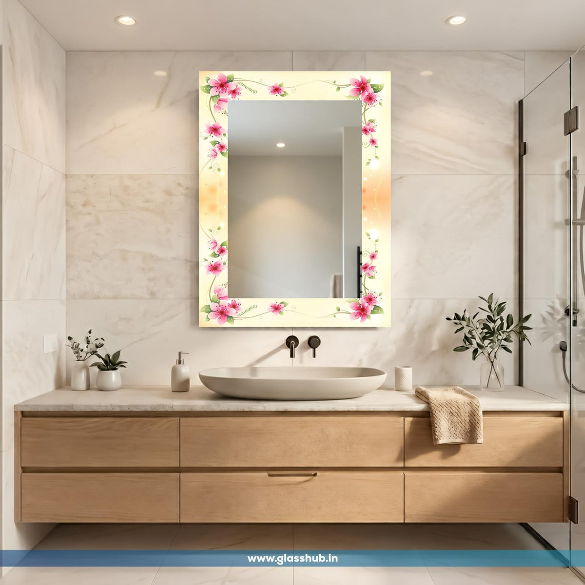 Modern Pink Floral Decorative Bathroom Vanity Wall Mirror