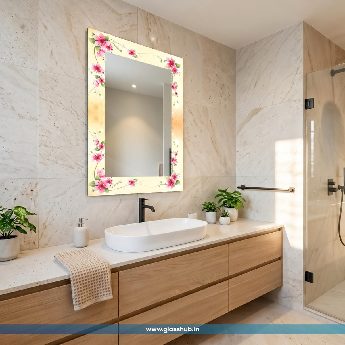 Modern Pink Floral Decorative Bathroom Vanity Wall Mirror