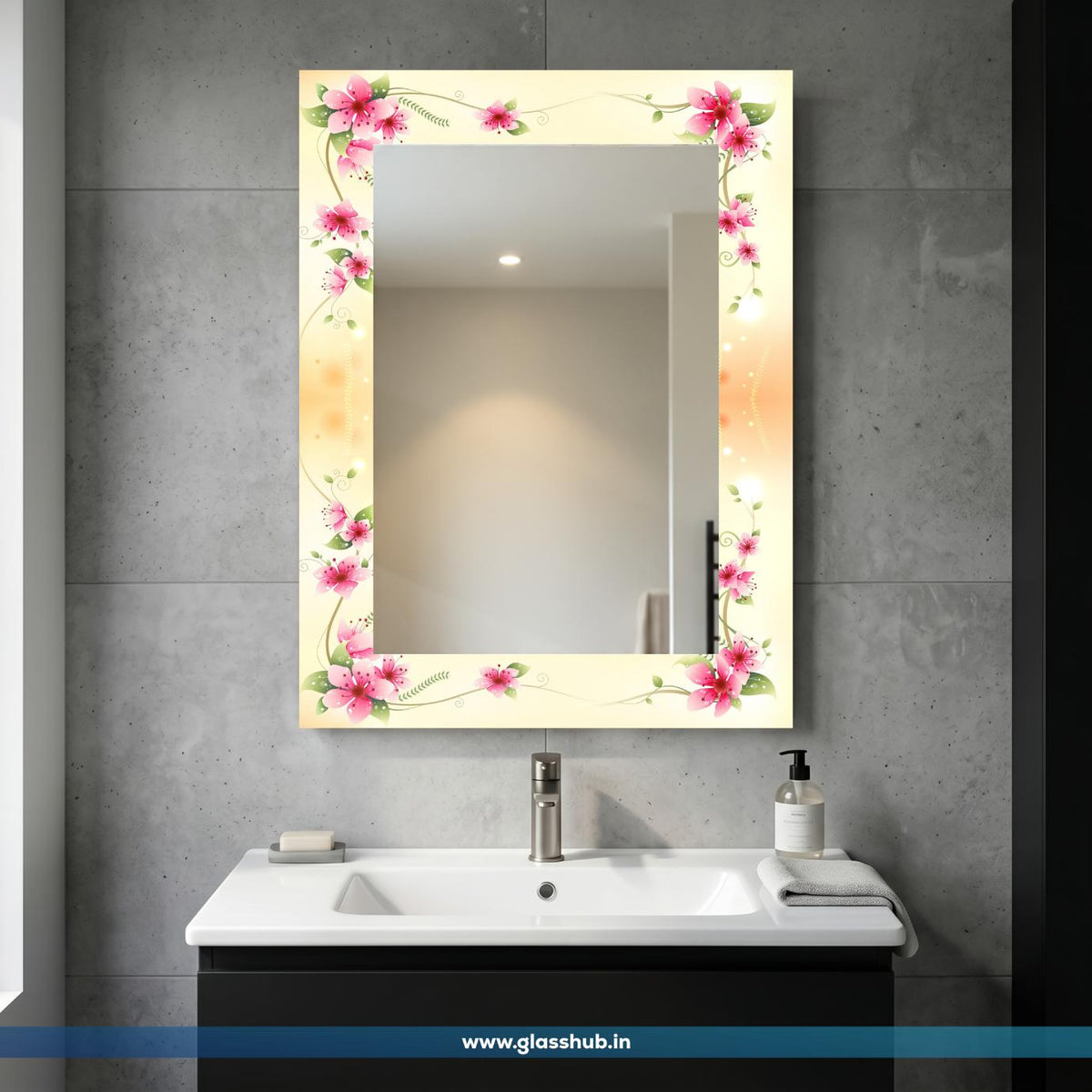Modern Pink Floral Decorative Bathroom Vanity Wall Mirror